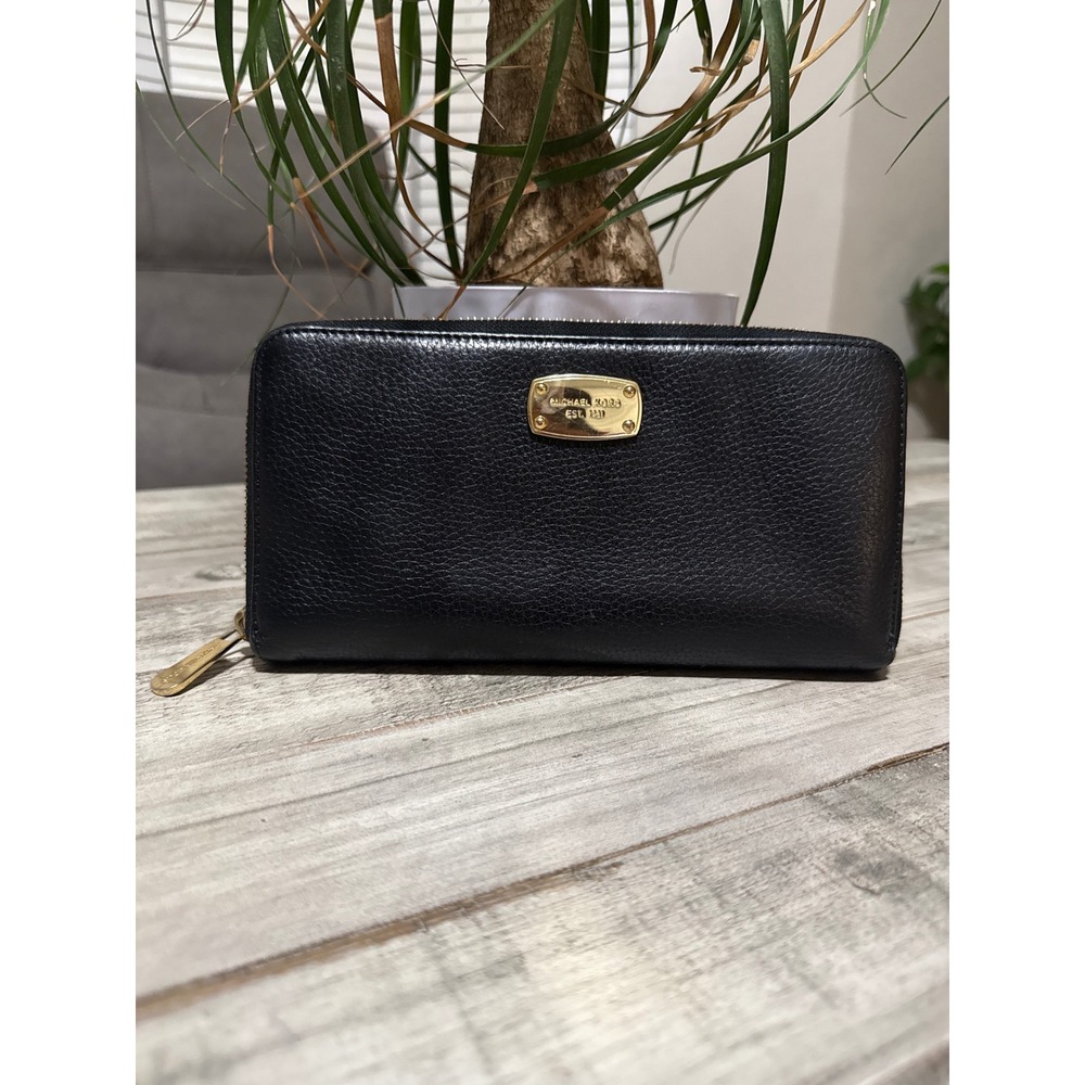 Michael Kors Black Pebbled Leather Zip Around Continental Wallet Gold Hardware
